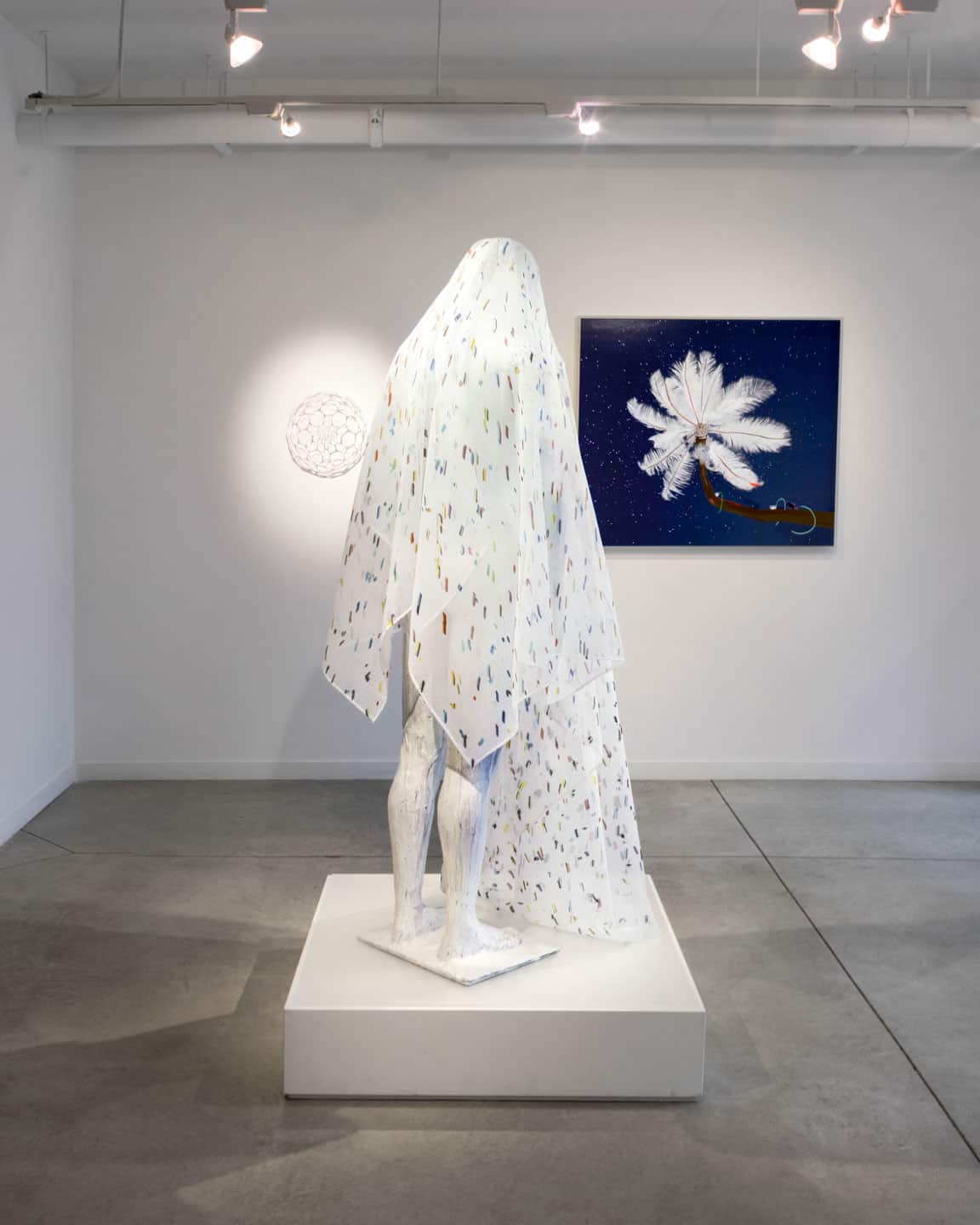 Alex Fischer, FRONT: Lichen, 2013. REVERSE LEFT: Nervous System Preserver, 2013. REVERSE RIGHT: Feather Feeder, 2013 install at Dry Pixels and Wet Molecules, O'Born Contemporary